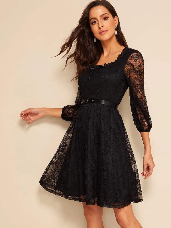 Price Cut 40s Lace Overlay Belted Dress