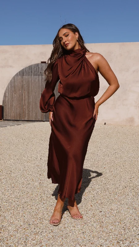 Deep Discounts Esther One Shoulder Long Sleeve Dress - Brown