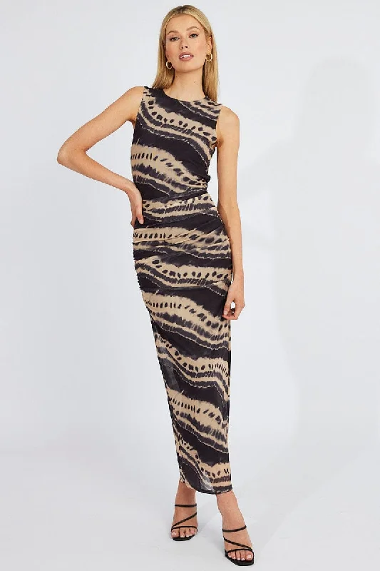 Act Fast Multi Abstract Bodycon Dress Sleeveless Mesh