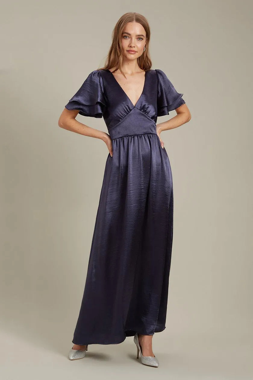 Limited Stock Satin Frill Sleeve Maxi Dress Navy