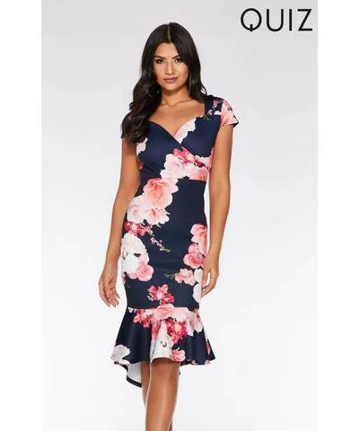 Deal Explosion Floral Fish Tail Dress Navy