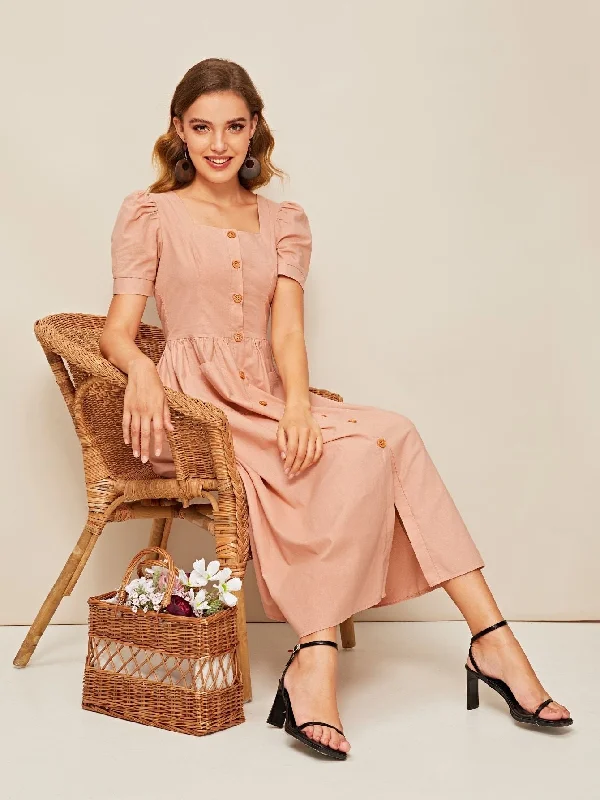 Don't Wait Puff Sleeve Pocket Patched Button Up Dress