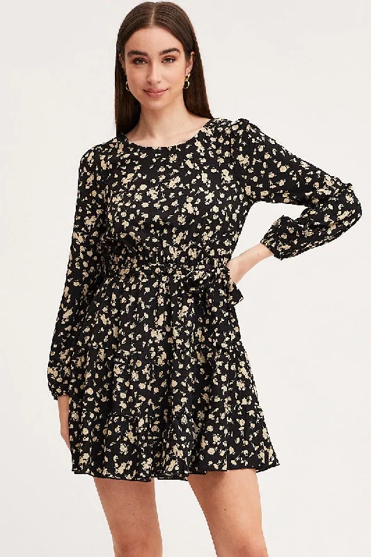 Mega Sale Print Mini Dress Long Sleeve Round Neck