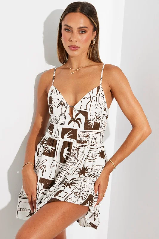 Members Only Brown Abstract Fit And Flare Dress Sleeveless