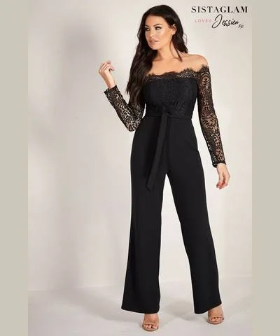 Flash Deals Lace Bardot Wide Leg Jumpsuit Black
