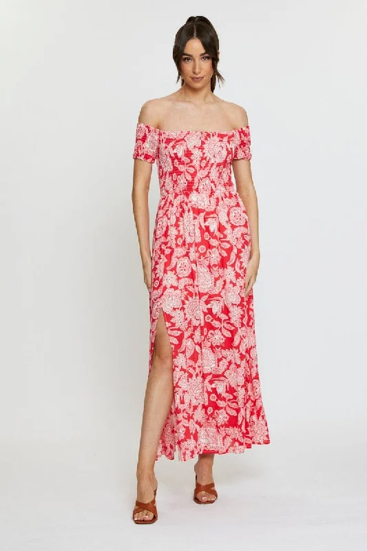 Can't Miss Print Maxi Dress Off Shoulder Evening