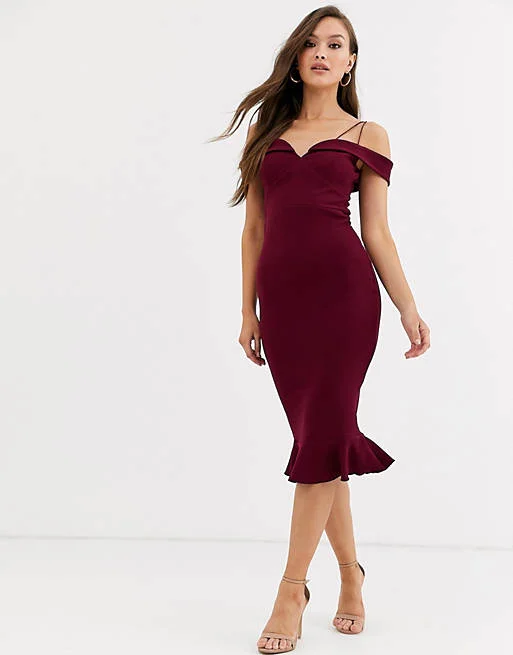 Discount Days Strappy Bardot Midi Dress Burgundy