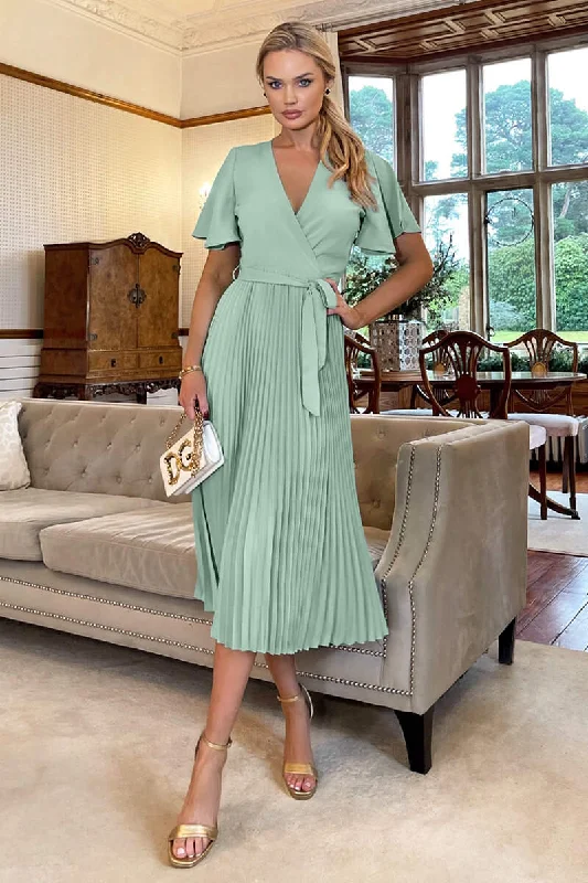 Reduced Prices Duck Egg Pleated Midi Dress with Tie Waist