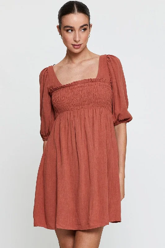 Huge Savings Orange Mini Dress Short Sleeve Evening