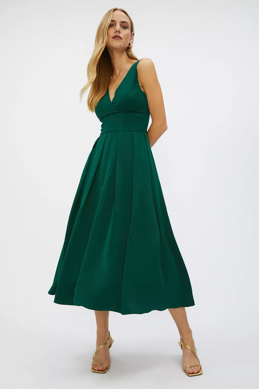 Price Slash Full Skirted Satin Midi Dress Green
