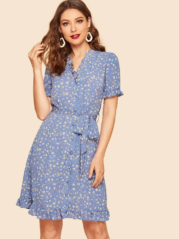 Reduced Prices 80s Frilled Trim Calico Print Dress