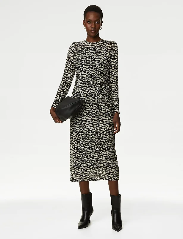 Clearance Items Jersey Printed Round Neck Mesh Midi Column Dress