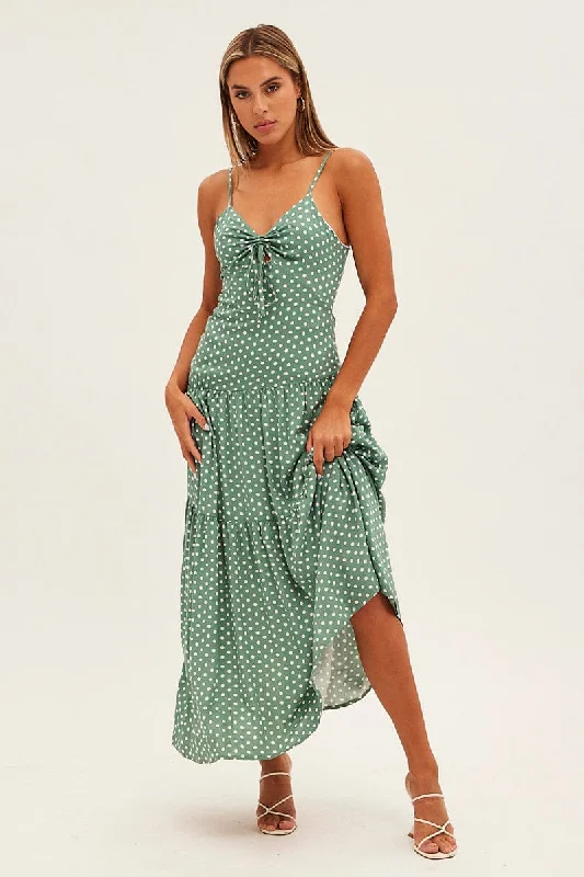 Savings Event Print Polka Dot Maxi Dress Sleeveless Tie Front Tiered Polka Dot