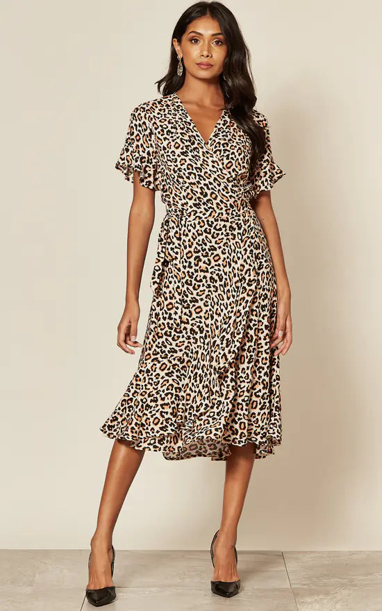 Overstock Short Sleeve Wrap Midi Dress In Leopard Print