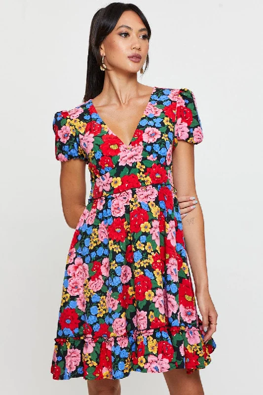 Crazy Deals Print Fit And Flare Dress Short Sleeve V Neck