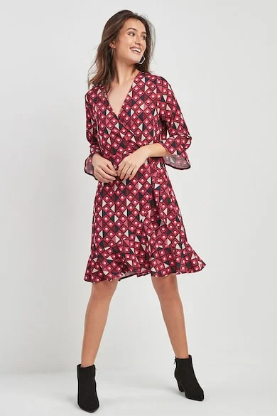 Final Clearance Red Geometric Wrap Dress