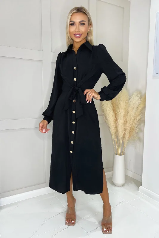 Final Clearance Black Button Front Tie Midi Shirt Dress