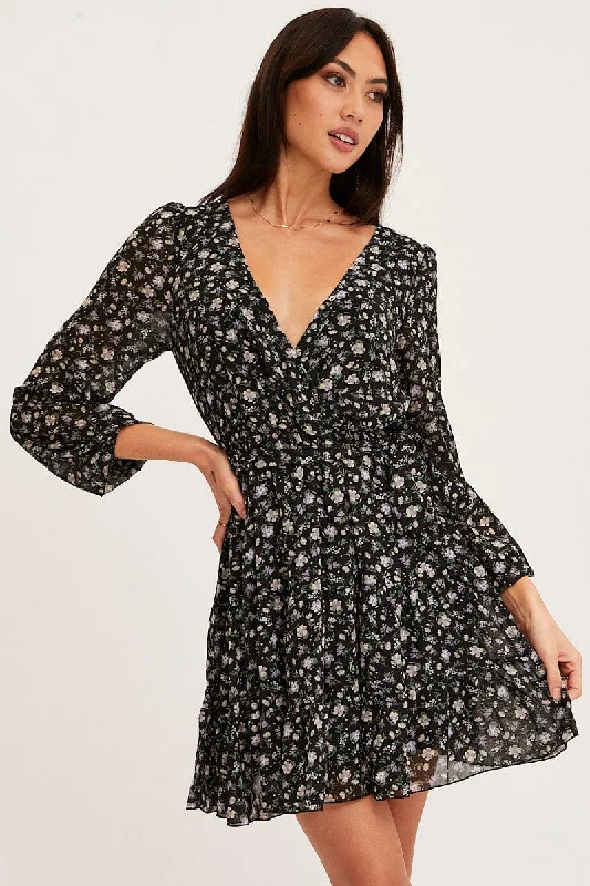 Best Seller Print Mini Dress Long Sleeve V Neck