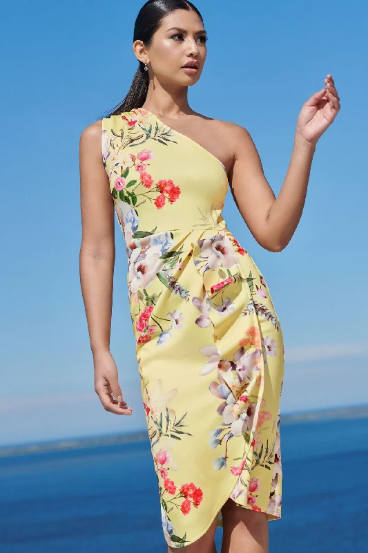 Blowout Sale One Shoulder Floral Bodycon Dress Yellow