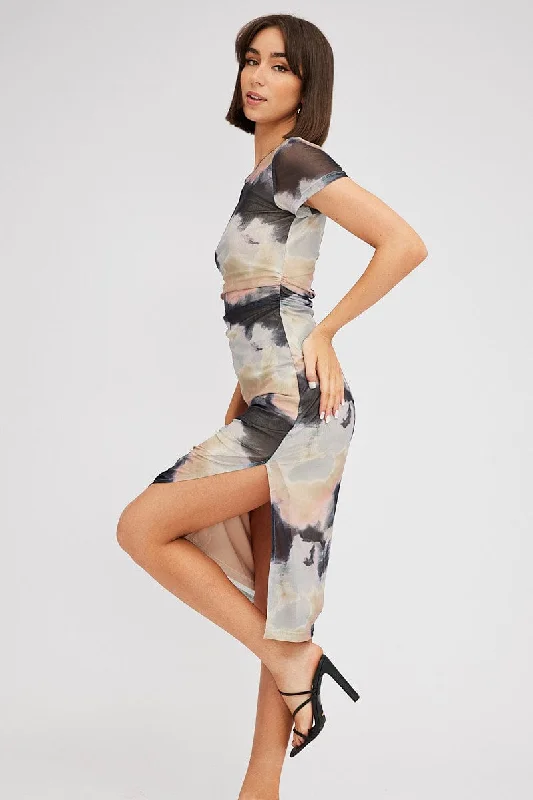 Season Finale Sale Brown Abstract Midi Dress Short Sleeve Bodycon Mesh