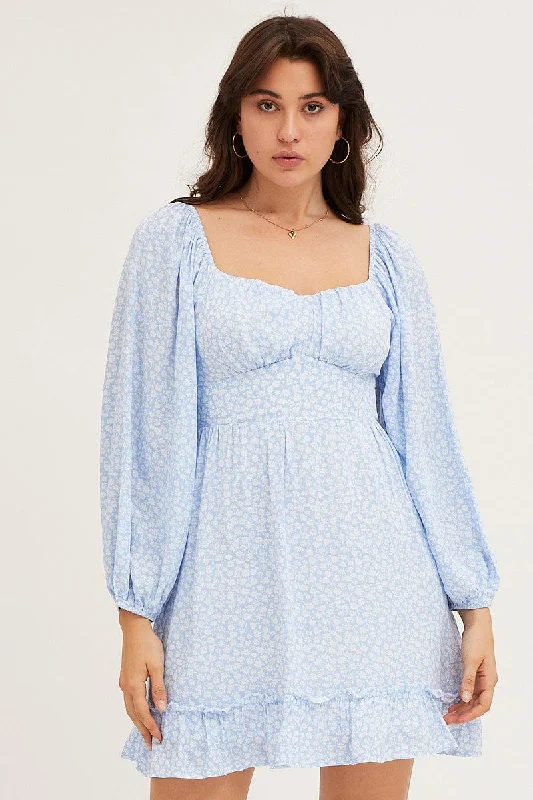 Fantastic Offers Daisy Print Long Sleeve A-Line Mini Dress