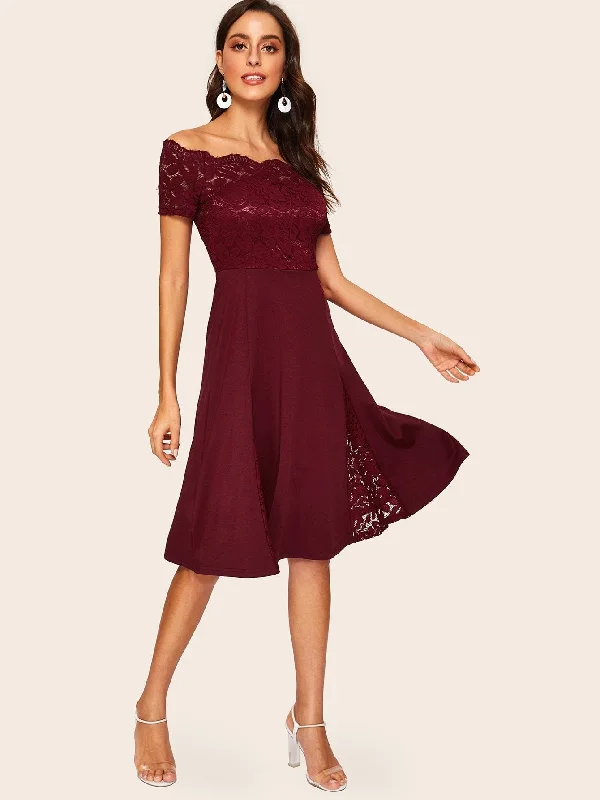 Big Savings 60s Off Shoulder Lace Insert Fit & Flare Dress
