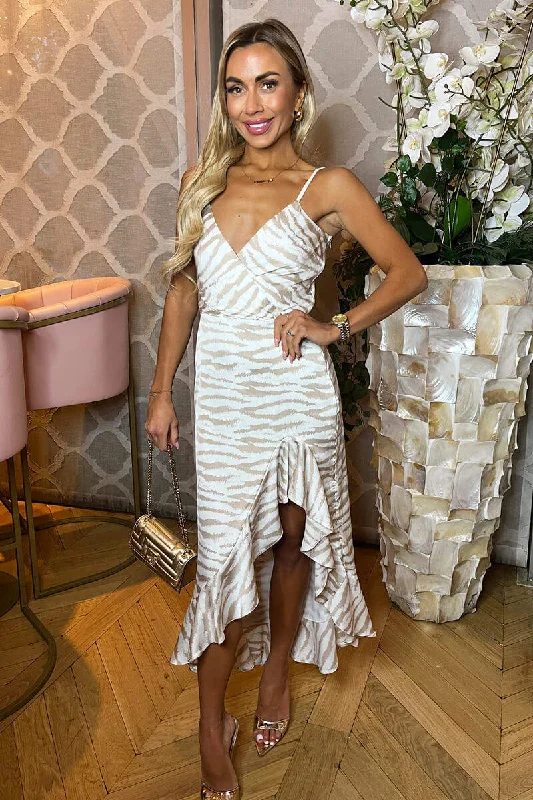 Act Now Stone Printed Frill Hem Strappy Midi Dress