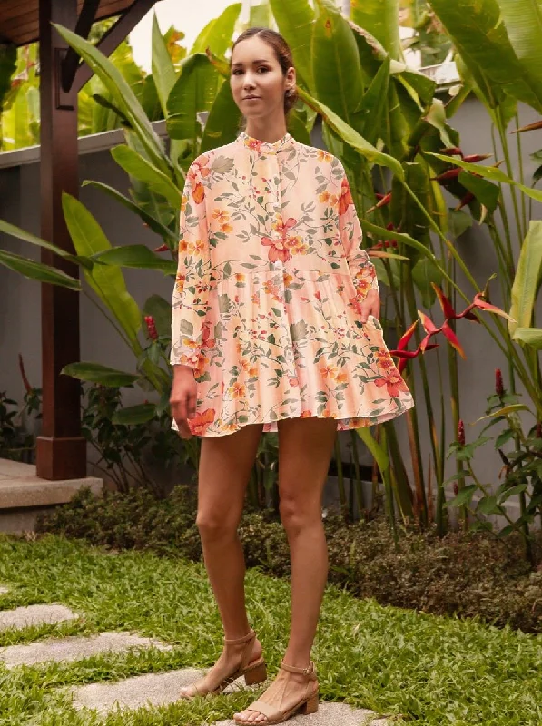 Limited Time Calliope Printed Thai Silk Button Down Dress- Peachy