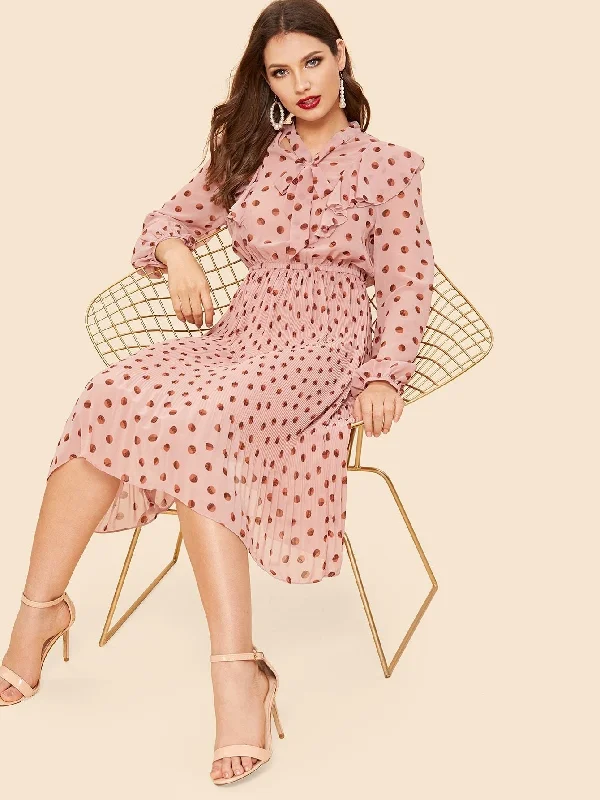 Fantastic Offers Dot Print Tie Neck Ruffle Trim Pleated Dress
