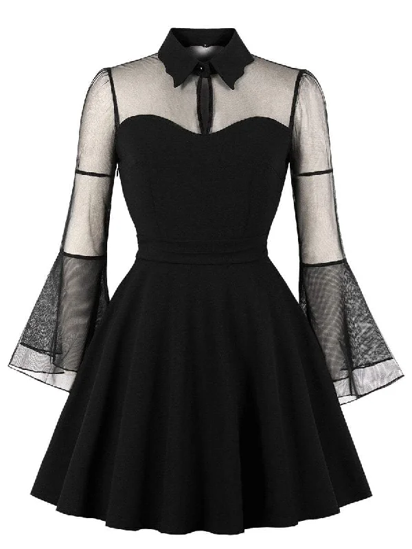 Price Break Flounce Sleeve Mesh Yoke Flare Dress