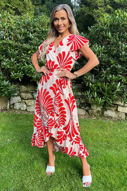 Last Chance Burnt Orange Abstract Print Wrap Over High Low Frill Hem Midi Dress