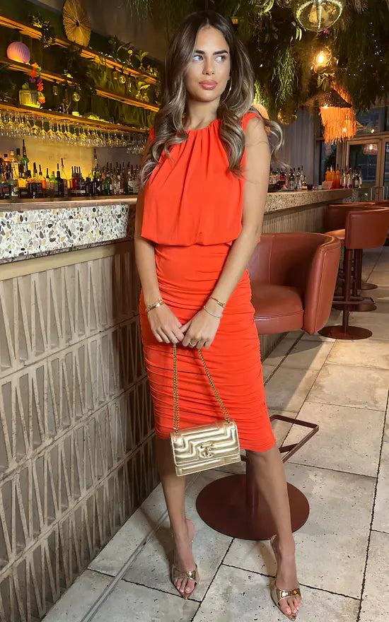 Stock Up and Save Burnt Orange Ruched Skirt Bodycon Midi Dress