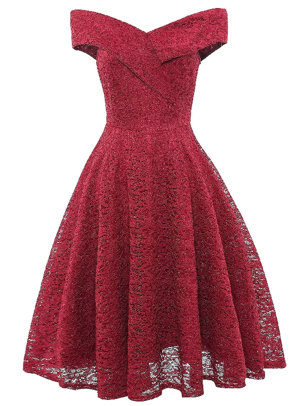 Special Price 50s Foldover Bardot Flare Lace Dress