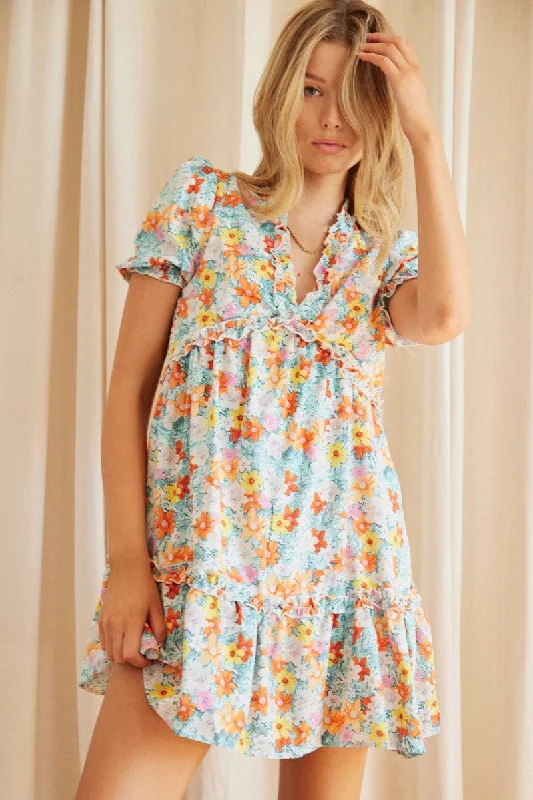Final Clearance Print Mini Dress Short Sleeve V Neck