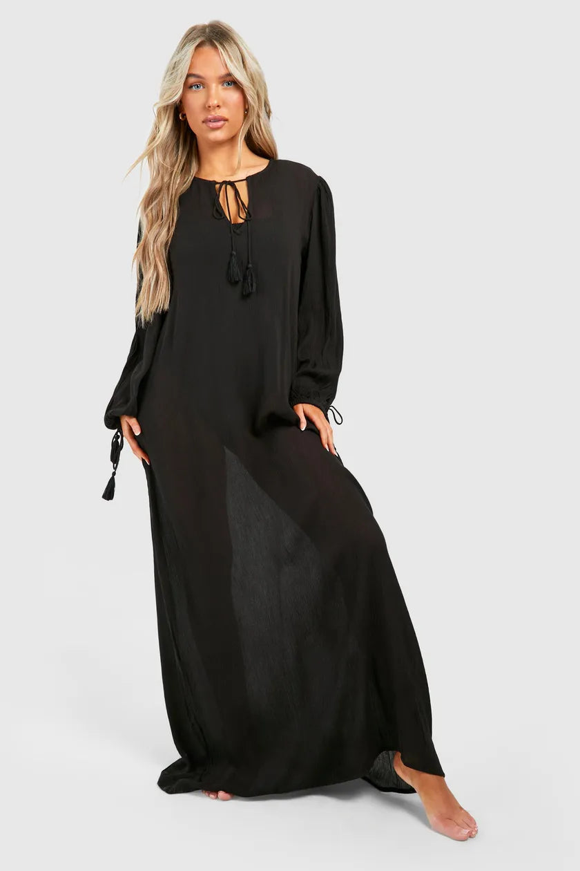 Deep Discounts Cheesecloth Tassel Beach Maxi Kaftan Dress Black