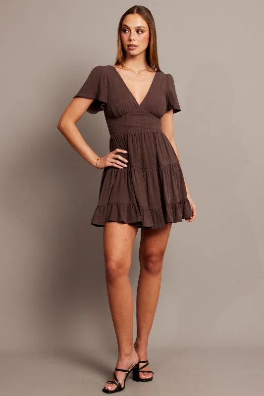 Super Sale Brown Fit And Flare Dress V-neck Mini