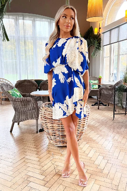 Sale Event Blue And Cream Floral Printed Round Neck Mini Dress