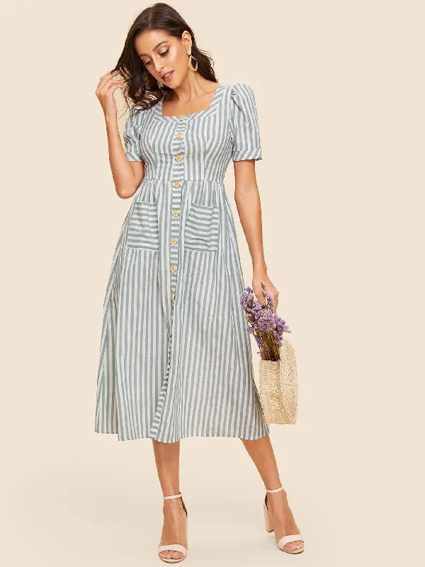 Great Bargains 50s Vertical-stripe Button Up Pocket Patched Dress
