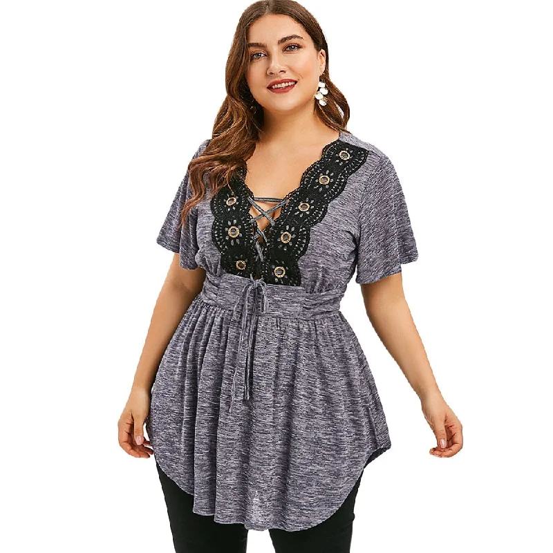 Don't Wait Insert Lace Up Plus Size T-Shirt Casual V-Neck High Waist Vintage Tops Lace Big Size Women Summer Long Tees 2019
