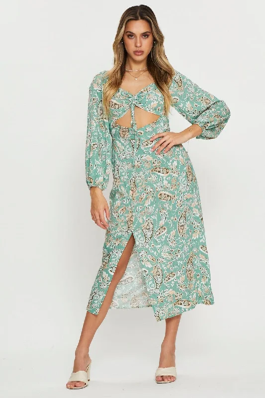 Blowout Deals Print Midi Dress Long Sleeve