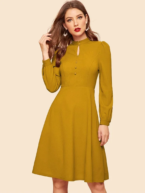Best Seller Keyhole Neck Covered Button Detail Dress