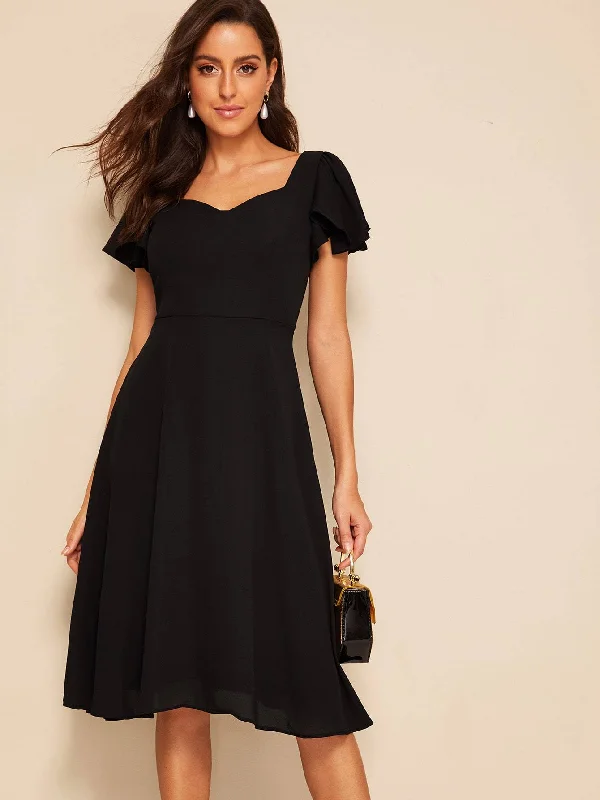 Major Savings Flutter Sleeve Sweetheart Neck Fit &  Flare Dress