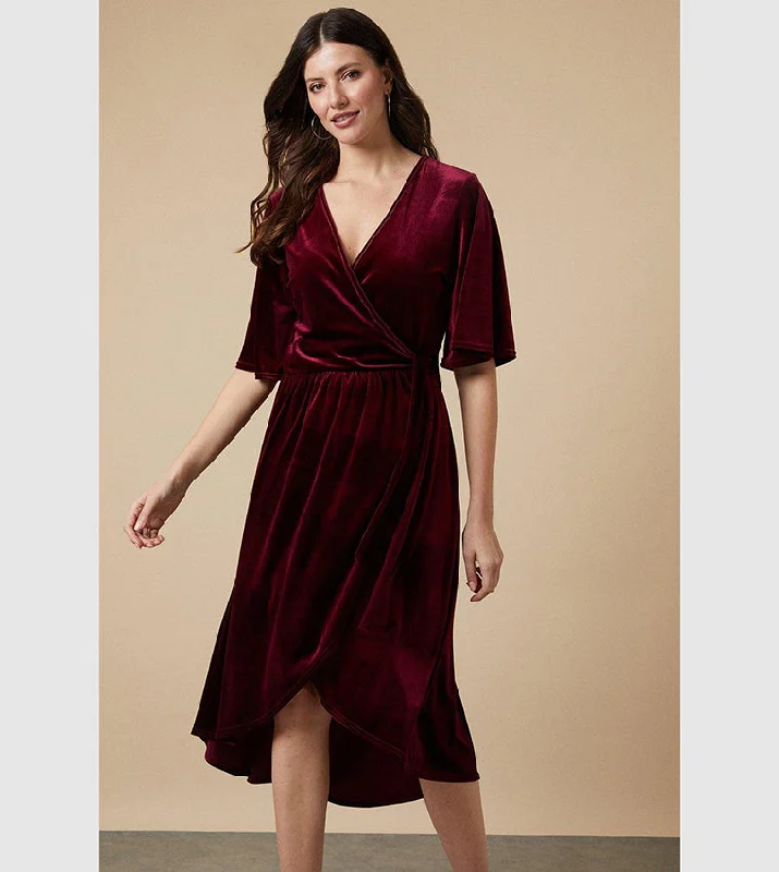 Price Blitz Tall Velvet Wrap Midi Dress Burgundy Red