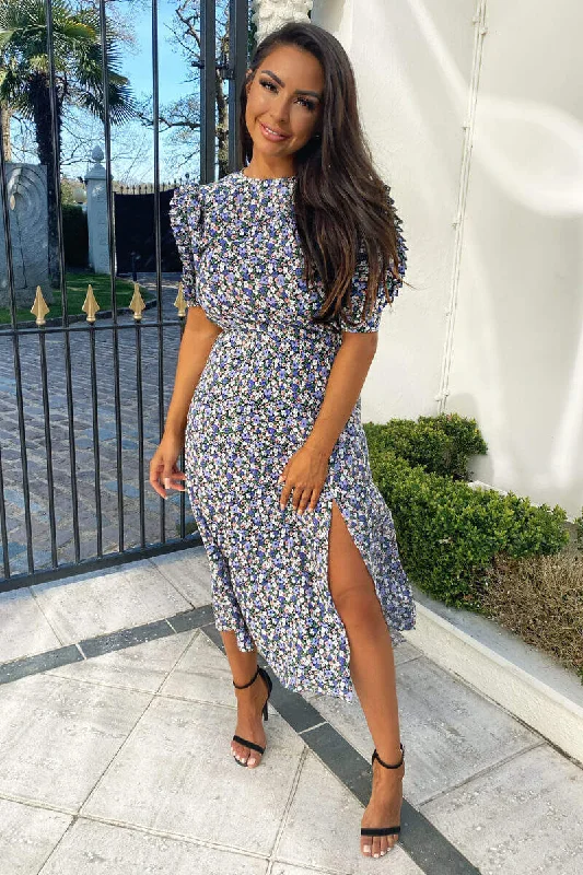 Final Markdown Multi Floral Pleated Sleeve Midi Dress