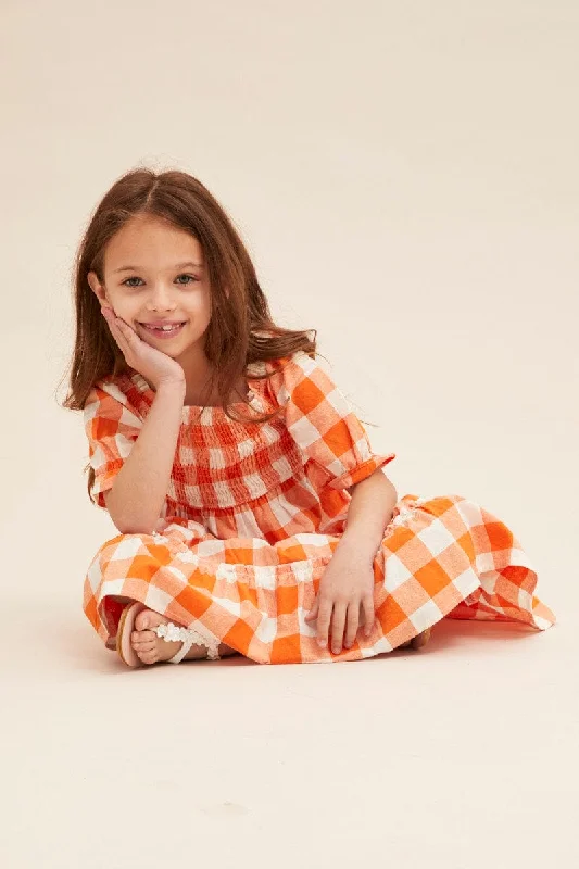 Savings Bonanza Orange Check Kids Midi Dress Short Sleeve Square Neck