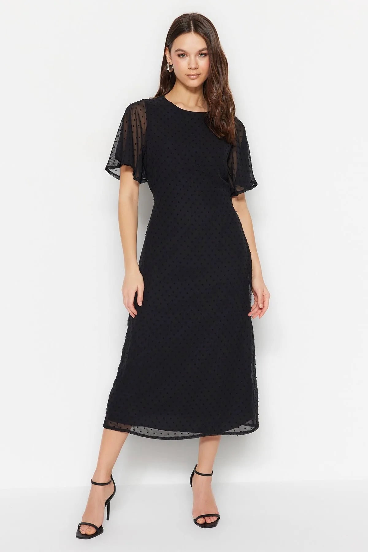 Price Cut Black Woven Flared Sleeves Midi Dress