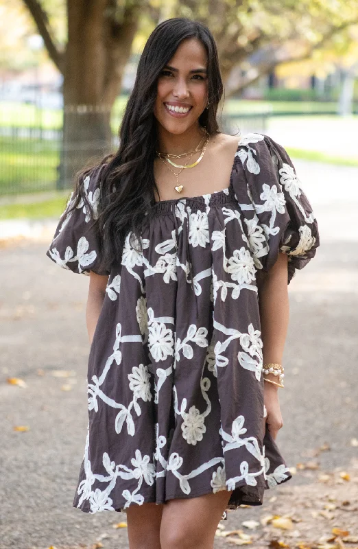 Limited Quantity Feeling Special Floral Choco Embroidered Mini Dress