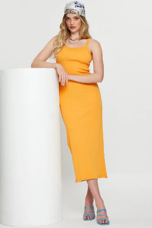 Final Clearance Orange Bodycon Dress Sleeveless Midi