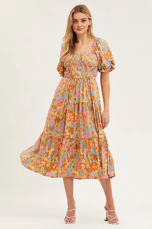 Best Bargains Print Dress Puff Sleeve Maxi