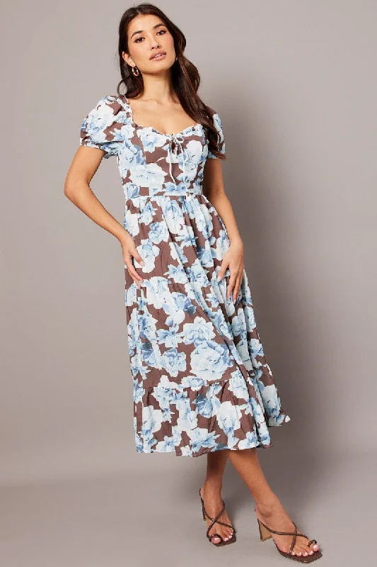 Act Fast Multi Floral Maxi Dress Puff Sleeve